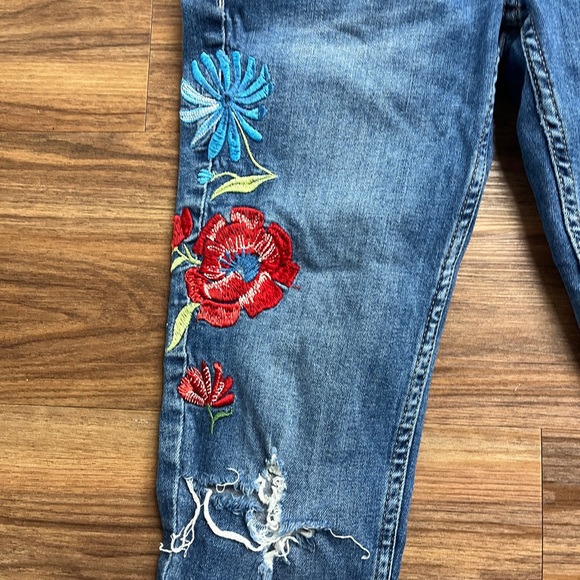 Zara Blue Skinny Jeans with Red Floral Embroidery - Picture 2 of 7